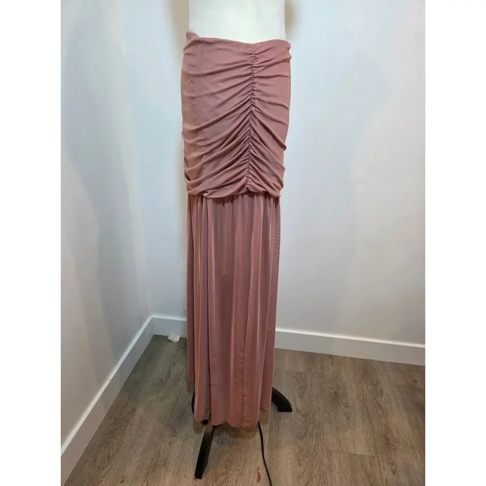Anthropologie Maxi Skirt Ruched Dusty Pink Micro Mesh Sheer Long Large Cover Up